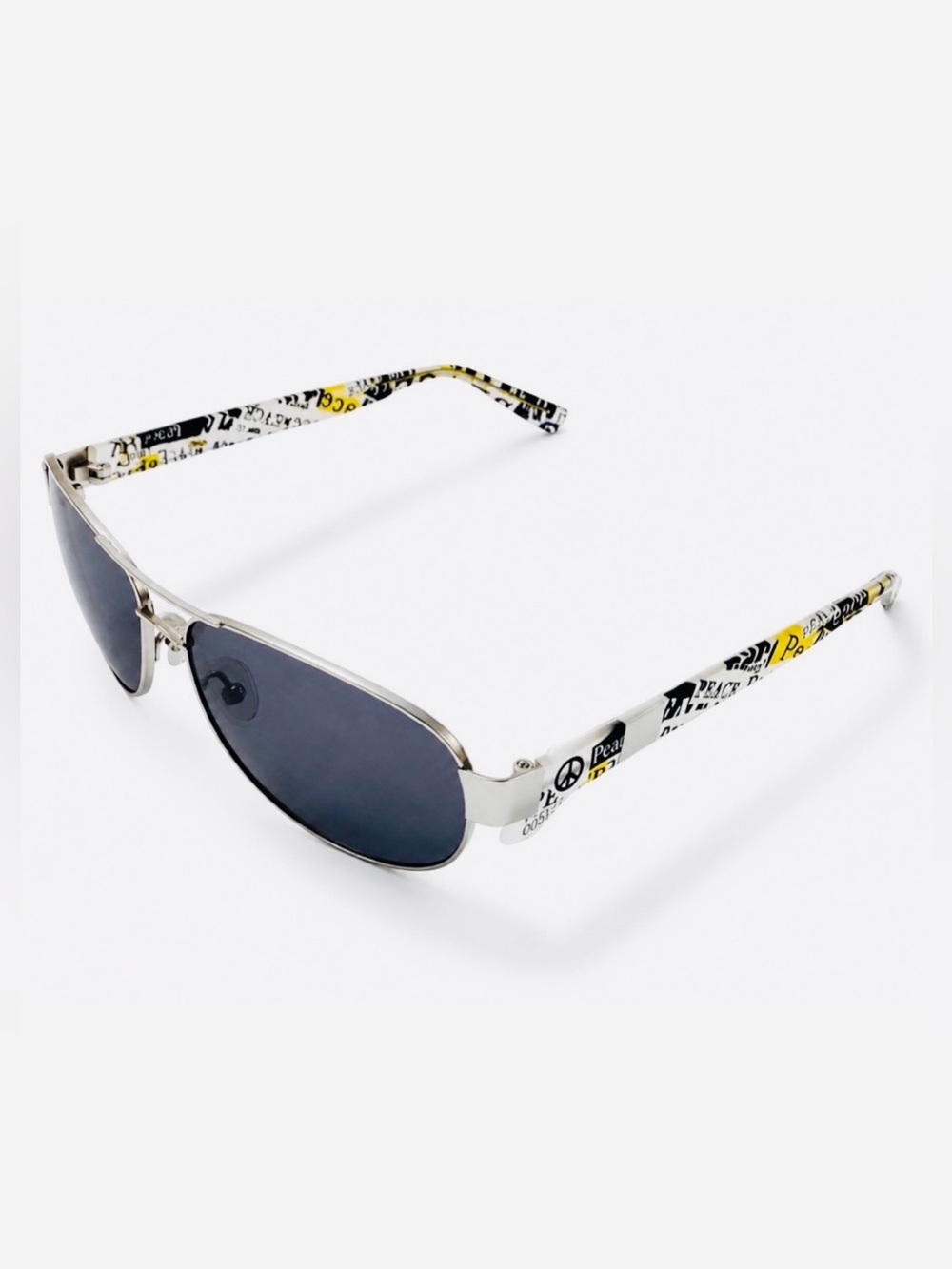 New Wave Silver Aviator Sunglasses Graphic Peace Print Arms NWT 58-13-140